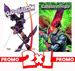 100% MARVEL 2X1 OJO DE HALCON: CAIDA LIBRE Y  CABALLERO NEGRO. LA MALDICION DE LA ESPADA DE EBANO - PANINI